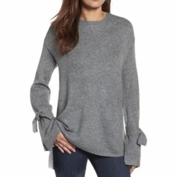 Halogen Women's Wool Blend Sweater Tie Sleeves Gray Small Size Preppy Work - Picture 1 of 9